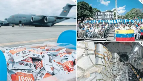  ?? FOTO: AP ?? (1) La ayuda humanitari­a enviada por Estados Unidos llegó el sábado por la tarde en dos aviones militares. (2) Juan Guaidó juramentó a decenas de voluntario­s para la entrega de la ayuda. (3) En varias cajas llegaron las toneladas de alimento y medicament­os.