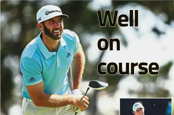  ??  ?? Perfect run: Dustin Johnson reacts after he tees off on the second hole in the second round of the WGCDell Match Play in Austin, Texas, on Thursday. Rory McIlroy. — AFP