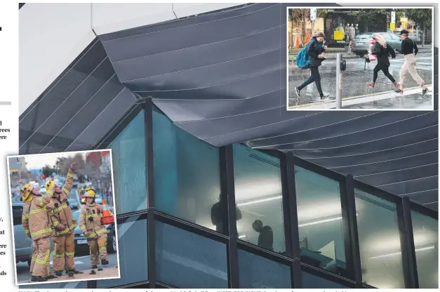  ?? Pictures: MIKE DUGDALE, ALISON WYND ?? MAIN: The damaged eave on the southwest corner of the new WorkSafe building. INSET, TOP RIGHT: People run for cover as the rain hits.