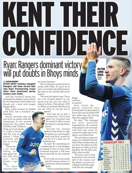  ??  ?? BELIEF Ryan Jack scores winner on Saturday IN FOR LONG HAUL Ryan Kent