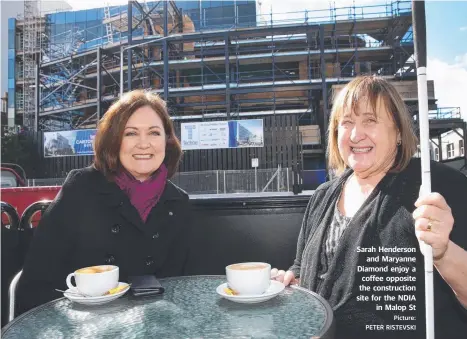  ?? Picture: PETER RISTEVSKI ?? Sarah Henderson and Maryanne Diamond enjoy a coffee opposite the constructi­on site for the NDIA in Malop St