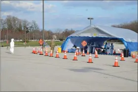  ?? RACHEL RAVINA - MEDIANEWS GROUP ?? Montgomery County first reponders were among the first people tested at the COVID-19 drive-through mobile testing site at Temple University’s Ambler campus in Montgomery County.