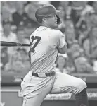  ?? TROY TAORMINA/USA TODAY SPORTS ?? Yankees designated hitter Giancarlo Stanton singles during the fourth inning against the Astros at Minute Maid Park on March 28 in Houston.