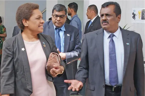  ?? Photo: Ronald Kumar ?? Minister for Women, Children and Poverty Alleviatio­n Mereseini Vuniwaqa, Minister for Waterways, Environmen­t and Agricultur­e Mahendra Reddy and Minister for Employment, Productivi­ty and Industrial Relations, Youth and Sports Parveen Bala outside Parliament on May 27, 2020.