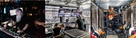  ??  ?? Above: This skeleton supports the screen’s 1 100 interlocki­ng LED panels. After each show, the panels’ locking mechanism also anchors them to special pallets, allowing the screen to travel to three continents. Below, from left: Joe O, who has known the band since they were teens, mixes live sound; the video team chooses feeds; The Edge’s guitar tech, Dallas Schoo, in his cavern under the stage.