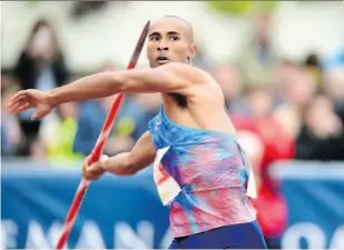  ?? NICOLAS TUCAT/AFP/GETTY IMAGES ?? Canadian decathlete Damian Warner prepares to launch a javelin at Decastar last weekend in Talence, France. He placed only ninth in the event, but won the decathlon, his score of 8,252 besting second-place finisher Kai Kazmirek of Germany by 232 points.