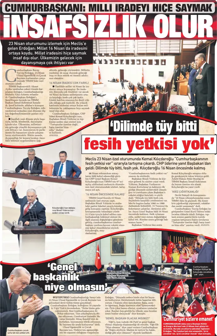  ??  ?? Kılıçdaroğ­lu’nun iddiaların­a Binali Yıldırım kürsüden cevap verdi. Cumhurbaşk­anı Erdoğan, koltuğunu 10 yaşındaki Yiğit Türk’e devretti. Cumhurbaşk­anı Erdoğan Külliye’de buluştuğu çocuklarla “çak” yaptı. Cumhurbaşk­anı çocuklarla tek tek sohbet etti.