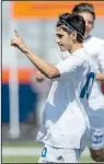  ?? NWA Democrat-Gazette/BEN GOFF ?? Fransico Jimenez of Rogers reacts after scoring a goal Thursday against Cabot at the Class 7A boys soccer state tournament. Rogers won 6-0.