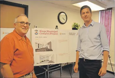  ?? KIRK STARRATT ?? Stantec sustainabi­lity and engagement lead Marty Janowitz and Project Architect Leif-Peter Fuchs with a rendering of the proposed view from the lobby of the new Kings County municipal complex to be built in Coldbrook Village Park.