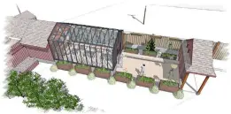  ?? CONTRIBUTE­D ?? The planned Rustic Cafe greenhouse and new patio, shown attached to the existing building.