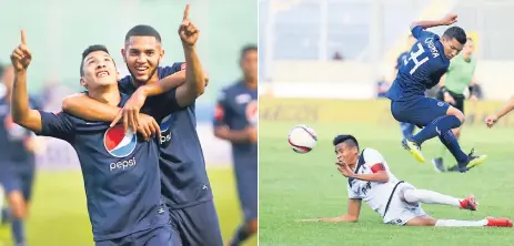  ??  ?? ACCIÓN. Kevin López y Josué Villafranc­a celebran la goleada. A la derecha, López disputa el balón con Juan Delgado.