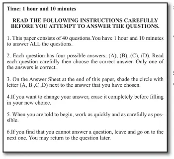  ?? ?? Time: 1 hour and 10 minutes
READ THE FOLLOWING INSTRUCTIO­NS CAREFULLY BEFORE YOU ATTEMPT TO ANSWER THE QUESTIONS.
Questions 1-3
Questions 10 and 11
Questions 12 and 13