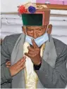  ??  ?? Shyam Saran Negi, believed to be India’s oldest voter at 103, shows his inked finger after casting his vote in the panchayat election at Kalpa in Kinnaur on Sunday.