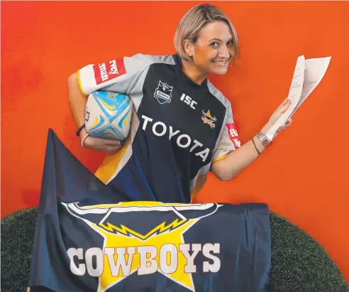  ?? Picture: ANNA ROGERS ?? HAVING A BALL: Peta Cooke is assistant creative director of The Longest Minute, a play about a North Queensland family who are diehard Cowboys fans. The production, inspired by the 2015 NRL grand final, will premiere in Cairns in May.