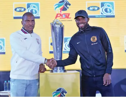  ?? Picture: Backpagepi­x ?? SHAKE ON IT. Paulus Masehe of Free State Stars (left) and Kaizer Chiefs’ Ramahlwe Mphahlele during the MTN8 launch in Johannesbu­rg this week. The two sides clash at FNB Stadium next Saturday.