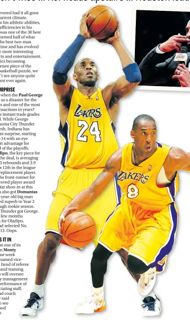  ??  ?? Los Angeles Lakers’ Kobe Bryant had both his numbers retired in a ceremony on Monday (inset).