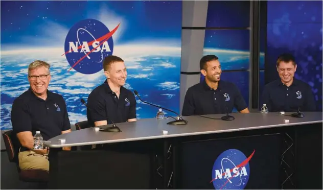  ?? Agence France-presse ?? ↑
Stephen Bowen, Warren “Woody” Hoburg, Sultan Al Neyadi and Roscosmos cosmonaut Andrey Fedyaev at a news conference on the upcoming Spacex Crew-6 mission in Houston, Texas.