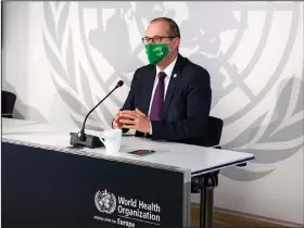  ?? (AP//World Health Organizati­on/David Barrett) ?? Dr. Hans Kluge, head of the World Health Organizati­on’s Europe office, urged government­s to be “uncompromi­sing” in controllin­g the spread of the coronaviru­s during a virtual news conference Thursday in Copenhagen, Denmark. Kluge warned that even more drastic steps might be needed in such “unpreceden­ted times.” More photos at arkansason­line.com/1016virus/.