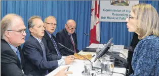  ?? JOE GIBBONS/THE TELEGRAM ?? Four former members of the board of directors of Nalcor Energy took to the witess seats side by side at the Commission of Inquiry Respecting the Muskrat Falls Project on Monday morning to begin Week 3 of the St. John’s hearings at the Beothuck Building in the capital city. From left are Tom Clift, Ken Marshall, Terry Styles and Gerry Shortall. At right is inquiry co-counsel Kate O’brien.