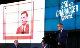  ??  ?? The Bank of England governor, Mark Carney, reveals Alan Turing will feature on the new £50 banknote. Photograph: Andrew Yates/Reuters