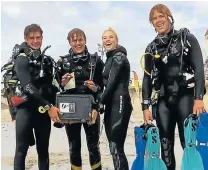  ??  ?? INTREPID CREW: The divers who found the safe on Wednesday were, from left, Dylan Gush, Aidan Riggien, Casanda van Pletzen and Ross Gammon