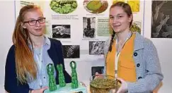  ??  ?? Saskia Floderer und Maria Matveev vom Carl-Zeiss-Gymnasium Jena legten die Blätter des Schwimmfar­nes unters Elektronen­mikroskop.