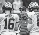  ?? RICK OSENTOSKI/USA TODAY SPORTS ?? Michigan coach Jim Harbaugh looks on during the team's spring game.