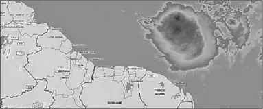  ??  ?? Orkaan Isaias bevindt zich nu boven het noorden van Suriname en verplaatst zich nu in de Noordweste­lijke richting van Suriname. Het land zal niet bespaard blijven van de gevolgen.
