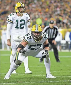  ?? MIKE DE SISTI / MILWAUKEE JOURNAL SENTINEL ?? Packers offensive lineman Don Barclay played 144 offensive snaps in 2016.