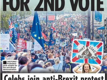  ??  ?? ■ ‘HISTORIC’: Protesters pack streets for the anti-Brexit demonstrat­ion