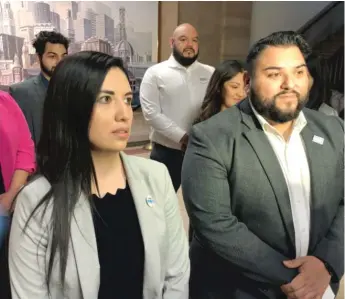  ?? PHOTOS BY MARK BROWN/SUN-TIMES ?? Tanya Patino, who’s aiming to unseat Ald. Edward M. Burke, and Jose Luis Torrez, who dropped his campaign bid Thursday, at City Hall.