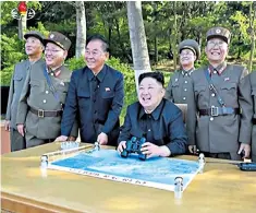  ??  ?? Kim Jong-un, centre, the North Korean leader, watches one of his many missile tests