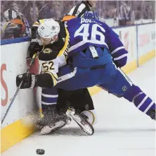  ?? AP PHOTO ?? STEPPING UP IN CRUNCH TIME: Sean Kuraly gets hit along the boards by the Maple Leafs’ Roman Polak during the Bruins’ Game 4 victory Thursday in Toronto.