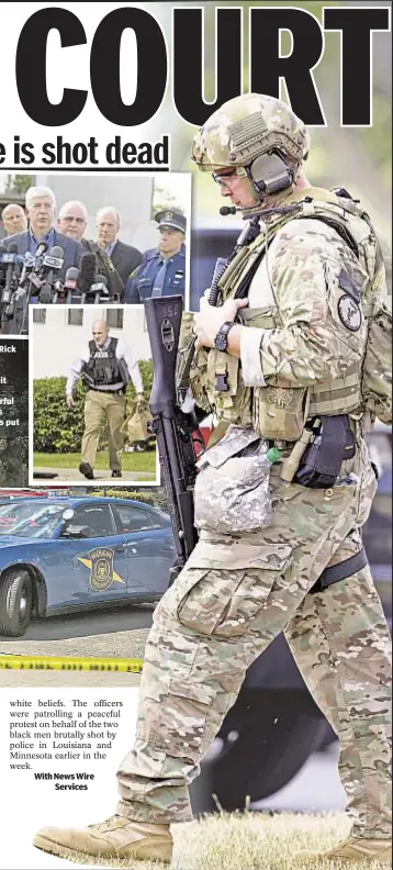  ??  ?? Michigan Gov. Rick Snyder speaks (above) in St. Joseph, saying it was “a terrible day in a wonderful community,” as courthouse was put on lockdown. With News Wire Services