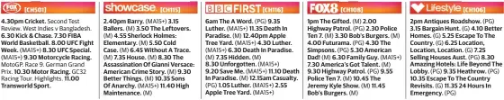  ??  ?? 4.30pm Cricket. 6.30 Kick & Chase. 7.30 FIBA World Basketball. 8.00 UFC Fight Week. 8.30 UFC Special.
9.30 Motorcycle Racing. 10.30 Motor Racing. 11.00 Transworld Sport. 2.40pm 2 Barry. 3.15 Ballers. B 3.50 The Leftovers.
4.55 Sherlock Holmes:...