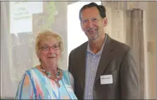  ?? PHOTO BY MICHILEA PATTERSON – FOR MEDIANEWS GROUP ?? Boyertown resident Pat Keeler poses for a photo with Dave Kraybill, Pottstown Area Health & Wellness Foundation president, during the 2019 Home Garden Contest awards ceremony. Keeler won first place in the “A Lot with a Little” garden category for Boyertown.