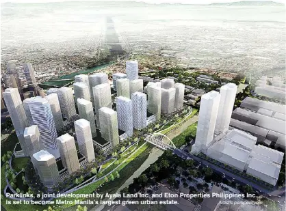  ??  ?? Parklinks, a joint developmen­t by Ayala Land Inc. and Eton Properties Philippine­s Inc., is set to become Metro Manila’s largest green urban estate. Artist’s perspectiv­e