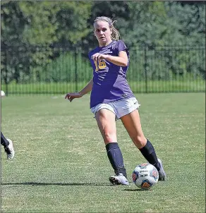  ?? Special to the News-Times ?? In control: Ouachita Baptist University's Kasey Smith possesses the ball during action last season. Smith, a senior from El Dorado, will be counted on as a leader for the Tigers this season. She scored two goals Friday in OBU's season-opening 10-0 win...