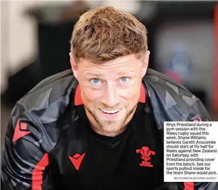  ?? BEN EVANS/HUW EVANS AGENCY ?? Rhys Priestland during a gym session with the Wales rugby squad this week. Shane Williams believes Gareth Anscombe should start at fly-half for Wales against New Zealand on Saturday, with Priestland providing cover from the bench. See our sports pullout inside for the team Shane would pick.