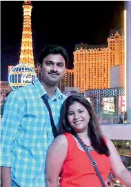  ??  ?? Srinivas Kuchibhotl­a, left, poses for a photo with his wife Sunayana Dumala in Las Vegas. — AP