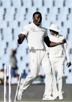  ?? | AP PHOTO ?? KAGISO RABADA celebrates after bowling Pakistan’s Babar Azam for 6 runs on day two of the first Test at Centurion Themba Hadebe