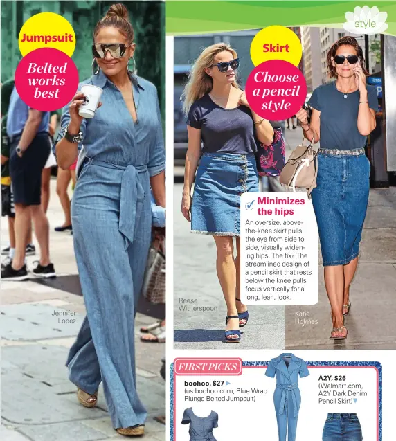  ??  ?? Jumpsuit
Belted works best
Jennifer
Lopez
Reese Witherspoo­n
Skirt
Choose a pencil
st yle
Katie Holmes