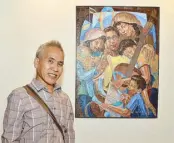  ??  ?? Cebuano artist Celso Pepito and his “When Music Unites” painting in modern cubism style.