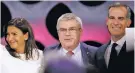  ?? MARTIN MEJIA/THE ASSOCIATED PRESS ?? Internatio­nal Olympic Committee President Thomas Bach stands between Paris Mayor Anne Hidalgo, left, and Los Angeles Mayor Eric Garrett on Wednesday at the end of the IOC session in Lima, Peru.