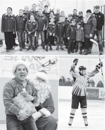  ?? [LIZ BEVAN / THE OBSERVER] ?? The Sun Rays pose in their brand new, personaliz­ed team jackets, courtesy of Santa Claus and the Dan Snyder Memorial Foundation. Sun Rays player Shawn Beaupre receives his gift from Santa. Joel Bauman celebrates a goal during the Woolwich game against...