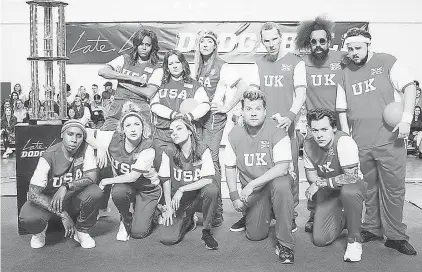  ??  ?? Michelle Obama’s U.S. team and James Corden’s U.K. squad square off in dodgeball. PHOTOS BY TERENCE PATRICK/CBS