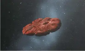  ?? Photograph: William Hartmann/AP ?? A 2018 depiction of Oumuamua as a pancake-shaped disc. A study says it is likely a remnant of a Pluto-like world and shaped like a cookie.