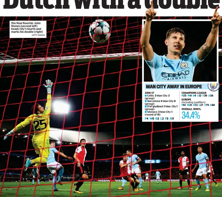  ?? GETTY IMAGES ?? The final flourish: John Stones (second left) heads City’s fourth and marks his double (right)