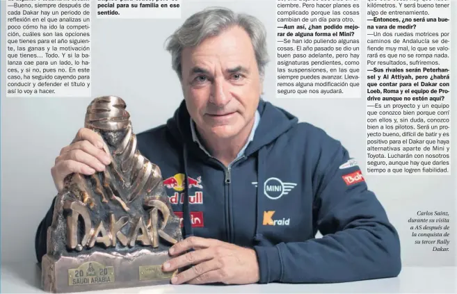  ??  ?? —Además, ha sido un año estupendo para los dos: el Dakar, el Princesa de Asturias, el fichaje por Ferrari… Un 2020 atípico para todos, pero especial
Carlos Sainz, durante su visita a AS después de la conquista de su tercer Rally Dakar.
