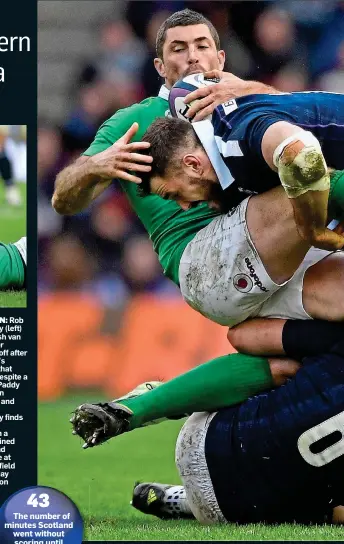  ??  ?? BEATEN: Rob Kearney (left) and Josh van der Flier trudge off after Ireland’s defeat that came despite a try for Paddy Jackson (above) and (main) Kearney finds no way through a determined Scotland defence at Murrayfiel­d yesterday afternoon during the loss